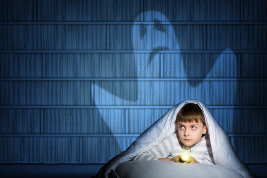 Boy under blankets with flashlight while ghost is on the wall behind him