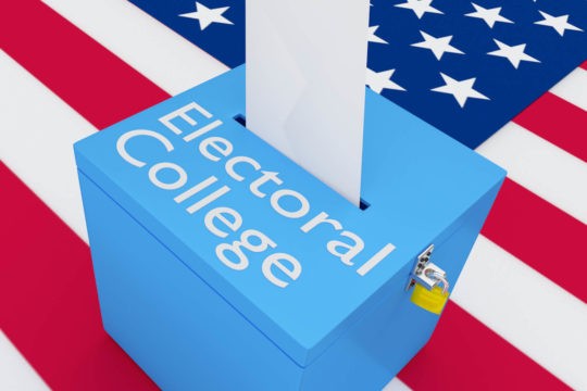 Cartoon of ballot box that reads 鈥淓lectoral College鈥� sitting on top of American flag