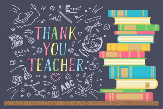 鈥楾hank you Teacher鈥� written on a chalkboard surrounded by related drawings.